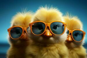 AI generated Sunny vibes Baby chicken in shades, small, happy, spring animal photo