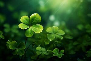 AI generated Clover celebration St Patricks Day background adorned with clover leaves photo