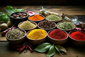 AI generated Kitchen richness Various spices arranged in bowls on wooden surface photo