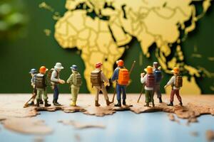 AI generated Worldly exploration Miniature figures walking on a map, travel concept photo