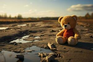 AI generated Abandoned play Lonely, broken bear toy on a desolate background photo