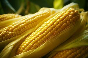 AI generated Healthy harvest Ripe maize plant closeup, green and yellow goodness photo