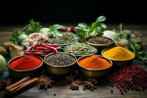 AI generated Kitchen richness Various spices arranged in bowls on wooden surface photo