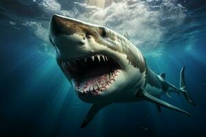 AI generated Marine menace Shark with powerful jaws swimming in deep blue photo