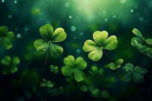 AI generated Lucky backdrop St Patricks Day theme with scattered clover leaves photo