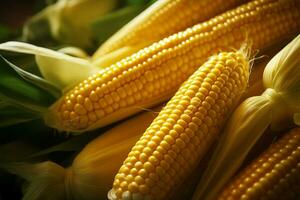 AI generated Healthy harvest Ripe maize plant closeup, green and yellow goodness photo