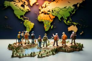 AI generated Worldly exploration Miniature figures walking on a map, travel concept photo