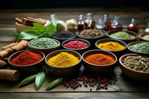 AI generated Kitchen richness Various spices arranged in bowls on wooden surface photo