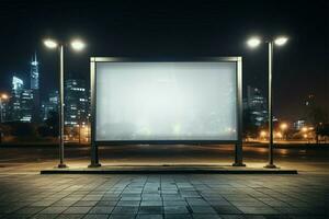 ai generado blanco lona al aire libre ciudad cartelera, Perfecto para publicidad a noche foto