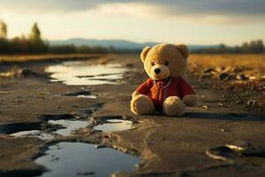 AI generated Abandoned play Lonely, broken bear toy on a desolate background photo