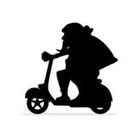 Silhouette of santa claus with gift sack riding scooter christmas holiday design. vector