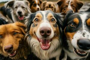 ai generado canino capturar grupo de perros toma un alegre selfie juntos foto