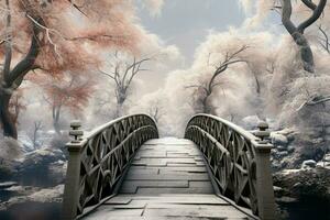AI generated Frozen tranquility Botanical garden winter scene with a bridge, snow covered trees photo