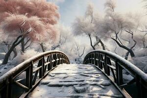 AI generated Frozen tranquility Botanical garden winter scene with a bridge, snow covered trees photo