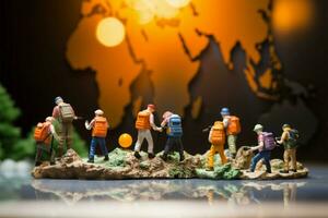 AI generated Globetrotting scene Miniature figures walking, exploring on a world map photo