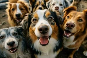 ai generado canino capturar grupo de perros toma un alegre selfie juntos foto