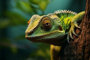 ai generado cerca arriba reptil en un árbol rama en contra maravilloso natural antecedentes foto