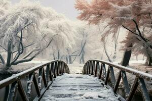 AI generated Winter wonder Frozen water, snow covered trees, and a bridge in botanical garden photo