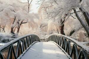 AI generated Frozen tranquility Botanical garden winter scene with a bridge, snow covered trees photo