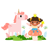 Fata e unicorno illustrazione con arcobaleno, stelle, cuori, nuvole, nel cartone animato stile png
