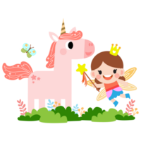 Fée et Licorne illustration avec arc-en-ciel, étoiles, cœurs, des nuages, dans dessin animé style png