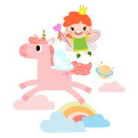 hada y unicornio ilustración con arcoíris, estrellas, corazones, nubes, en dibujos animados estilo png