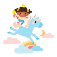 Fée et Licorne illustration avec arc-en-ciel, étoiles, cœurs, des nuages, dans dessin animé style png