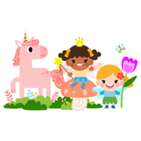 hada y unicornio ilustración con arcoíris, estrellas, corazones, nubes, en dibujos animados estilo png