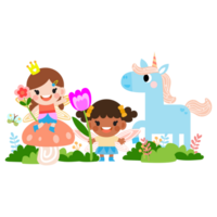 hada y unicornio ilustración con arcoíris, estrellas, corazones, nubes, en dibujos animados estilo png