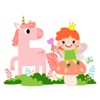 Fairy and Unicorn illustration with rainbow, stars, hearts, clouds, in cartoon style png