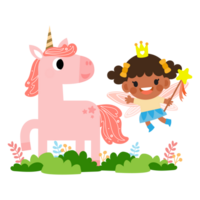 hada y unicornio ilustración con arcoíris, estrellas, corazones, nubes, en dibujos animados estilo png