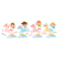 hada y unicornio ilustración con arcoíris, estrellas, corazones, nubes, en dibujos animados estilo png