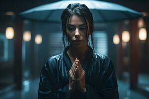 ai generado asiático mujer meditando en el templo en el lluvia. neural red ai generado foto