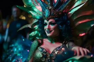AI generated Woman in feather costume at carnival. Neural network AI generated photo