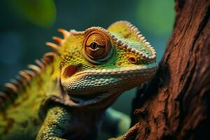 ai generado naturaleza encuentro reptil cerca arriba en árbol rama, maravilloso antecedentes foto