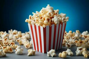 AI generated Popcorn pleasure Blue cinema box on a crisp white background photo