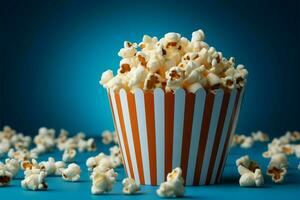 AI generated Entertainment treat Popcorn in a blue box on a white background photo