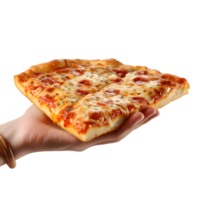 ai genererad hand innehav härlig skiva pizza salighet för visuell överklagande png