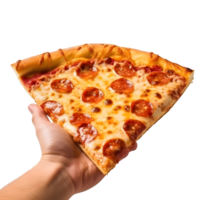 ai generiert Hand halten ein köstlich Pizza Scheibe png