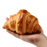 ai gegenereerd hand- presentatie van croissant voor marketing, promo gebakje genoegen png