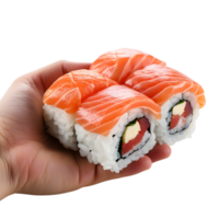 AI generated Hand with Tempting Array of Sushi Salmon Delights png