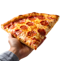 ai gegenereerd hand- presentatie van een pizza stuk png