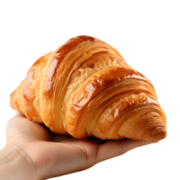 ai gegenereerd hand- Holding croissant voor promotionele materiaal, heerlijk afzet png