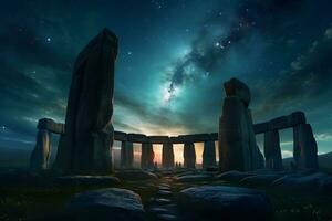 AI generated stone henge mock building against the backdrop of night and space. Neural network AI generated photo