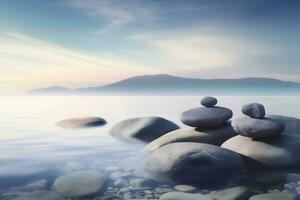 ai generado pirámide piedras equilibrar en el arena de el playa. el objeto es en enfocar, el antecedentes es borroso. neural red ai generado foto