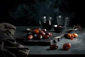 AI generated Dates on a dark background. Neural network AI generated photo