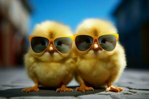 AI generated Happy chick Yellow poultry wearing sunglasses, small baby bird in spring photo