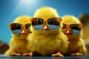 ai generado frio polluelo pequeño amarillo aves de corral vistiendo Gafas de sol, contento granja bebé foto