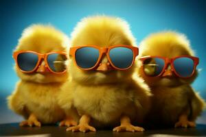 AI generated Sunny vibes Baby chicken in shades, small, happy, spring animal photo