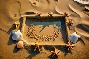 AI generated Summer time concept with sea shells and starfish on a sand. Neural network AI generated photo